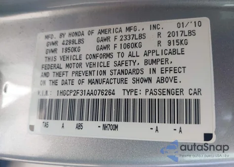 2010 Honda Accord 2.4 Lx from USA, damaged, VIN 1HGCP2F31AA076264